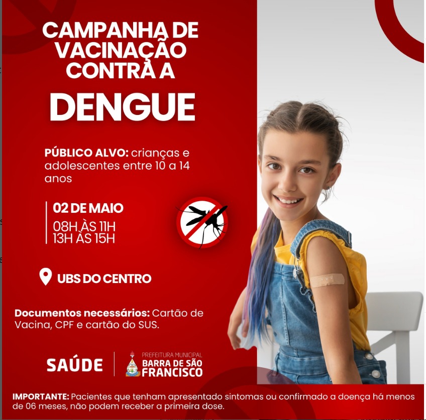 Secretaria de Saúde de Barra de São Francisco realiza nova rodada de vacinação contra à dengue para crianças de 10 a 14 anos