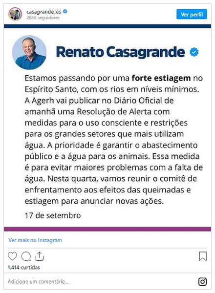 Postagem do Governandor Renato Casagrande na Rede Social Instagram.