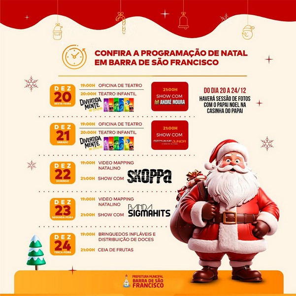 Cartaz da programação das Festas de Natal na Praça Arlindo Pinto da Costa, no Centro de Barra de São Francisco/ES.