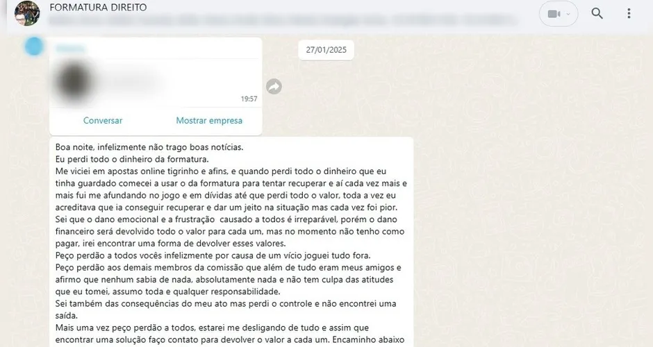 Turma de direito de Chapecó (SC) descobre que R$ 72 mil da formatura foram gastos em apostas online por uma colega, deixando todos sem festa.