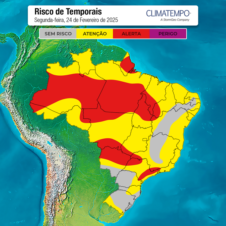 Mapa do Brasil mostrando áreas de calor intenso e pancadas de chuva na semana que antecede o Carnaval, com destaque para o Espírito Santo e regiões com alertas de temporais.