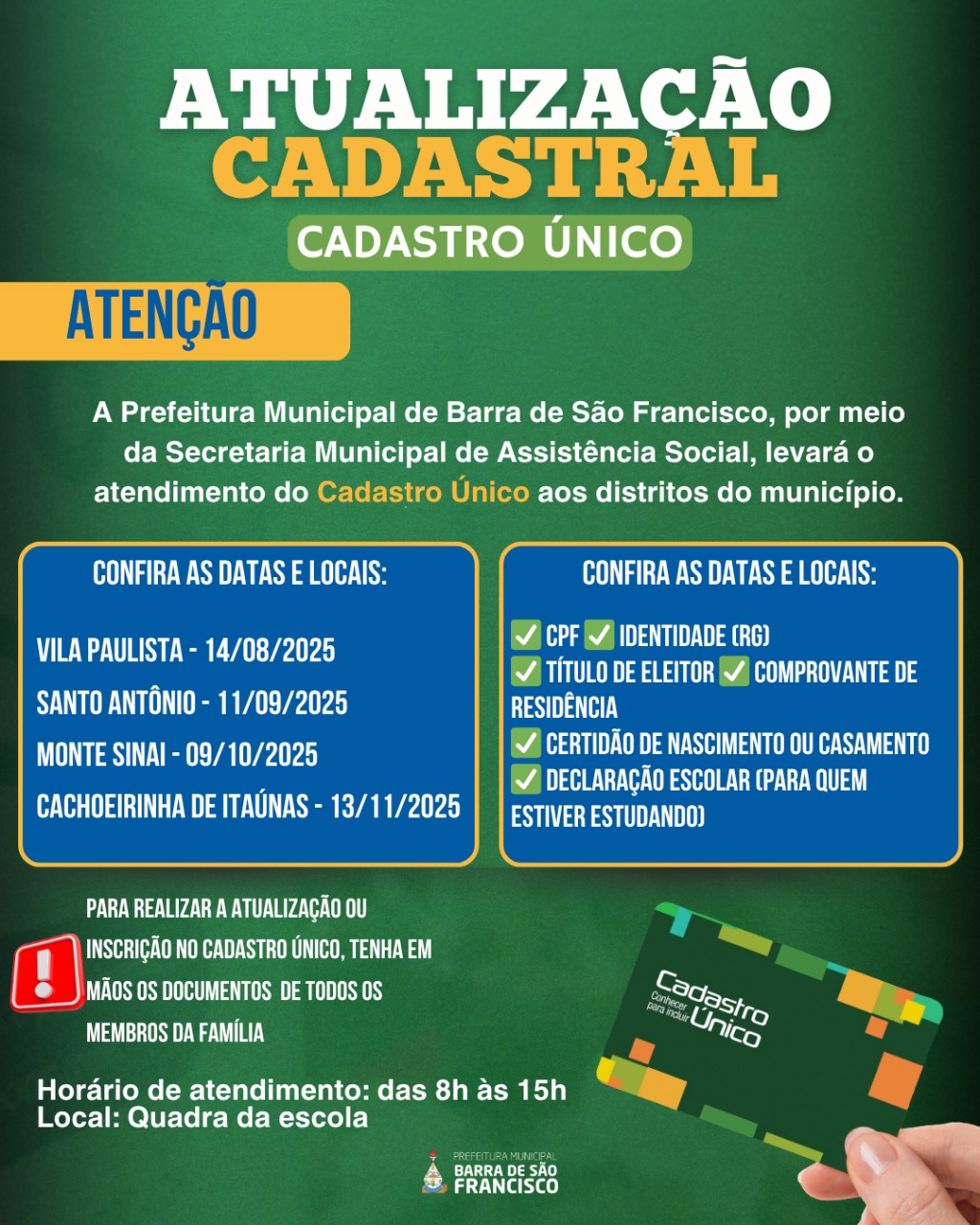 Prefeitura Itinerante leva atendimento do Cadastro Único aos distritos de Barra de São Francisco